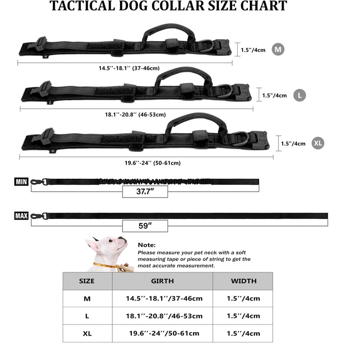 Тактичний нашийник для собак з ручкою та поводок, військовий стиль, м'яке наповнення, нейлон, регульований, середні та великі породи, чорний XL