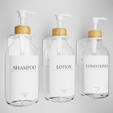 Набір дозаторів для мила, шампуню та миючого засобу на стіну, 500 мл, 3 шт., прозорий + бамбук