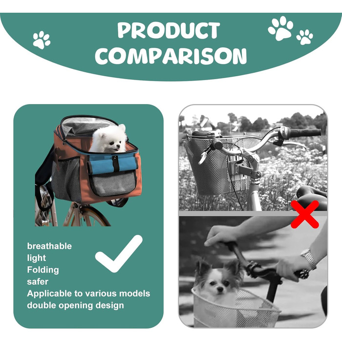 Фарбований кошик для собак, сумка для домашніх тварин на велосипед, складаний велосипедний кошик для собак 2 в 1, рюкзак для собак з адаптером для керма для маленьких домашніх тварин (максимальне навантаження 5 кг) (Помаранчевий)