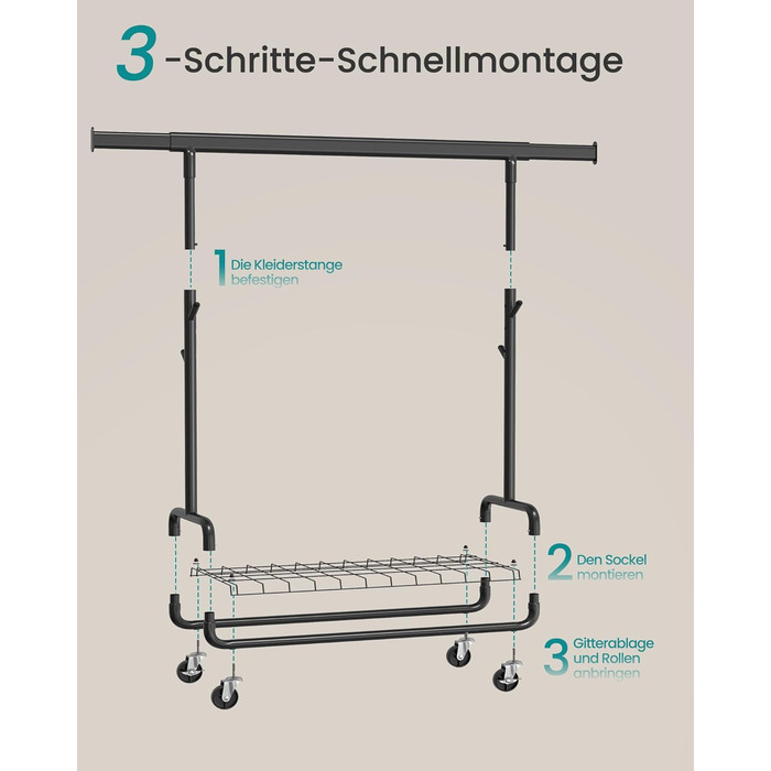 SONGMICS Стійка для одягу на коліщатках, важка, з висувними штангами, регульована висота, з полицею та гачками (HSR015B01, Чорний)