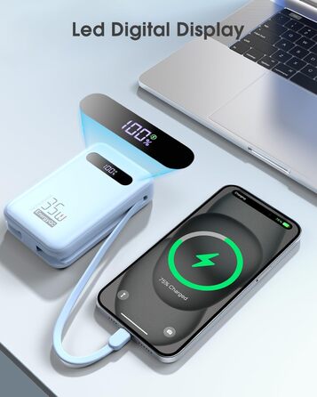 Powerbank 20000mAh з PD 35W, USB-C, LED дисплеєм та кабелями для iPhone, Samsung, Huawei