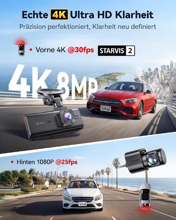 Автомобільний відеореєстратор REDTIGER F7NA 4K UHD (передній та задній), сенсор STARVIS 2 IMX678 8MP, двоканальна камера для авто