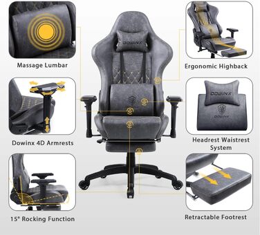 Dowinx Gaming Chair Ergonomic with Massage Office Chair for Computer PU Leather with Retractable Footrest, 4D Armrests Brown