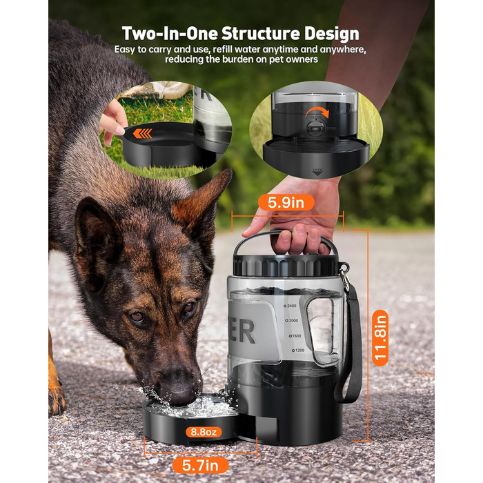 ЛесоТК 2200 мл Поїлка для собак, Переносна велика поїлка для собак – для подорожей, кемпінгу, великих собак (2.8л, чорна)