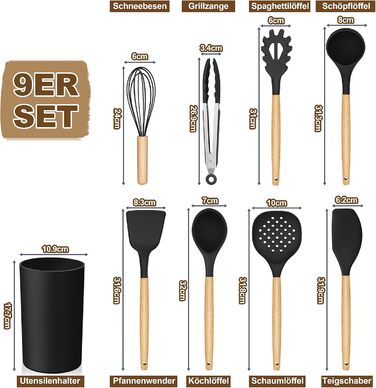 Набір кухонних аксесуарів Homikit 9 шт. з чорного силікону та дерев'яними ручками