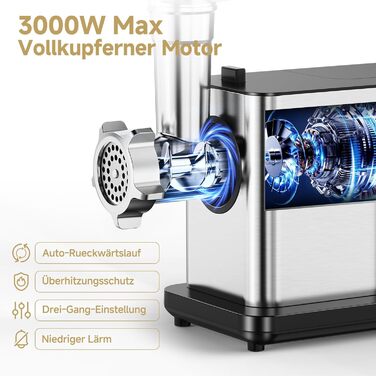 AAOBOSI Electric Meat Grinder - 3000W, LED Display, 3 Speeds, Anti-Clogging, Sausage Maker & Kibbeh Maker - Stainless Steel for Home Use