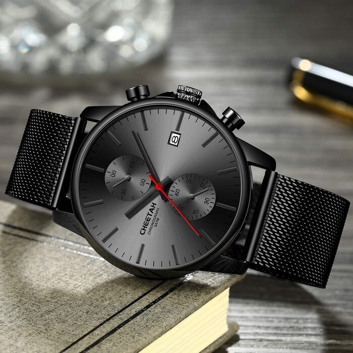 Чоловічий годинник, спортивний, модний, кварц, аналоговий, чорний міський ремінець, нержавіюча сталь, водонепроникний, хронограф, автоматичне відображення дати, червоний акцент