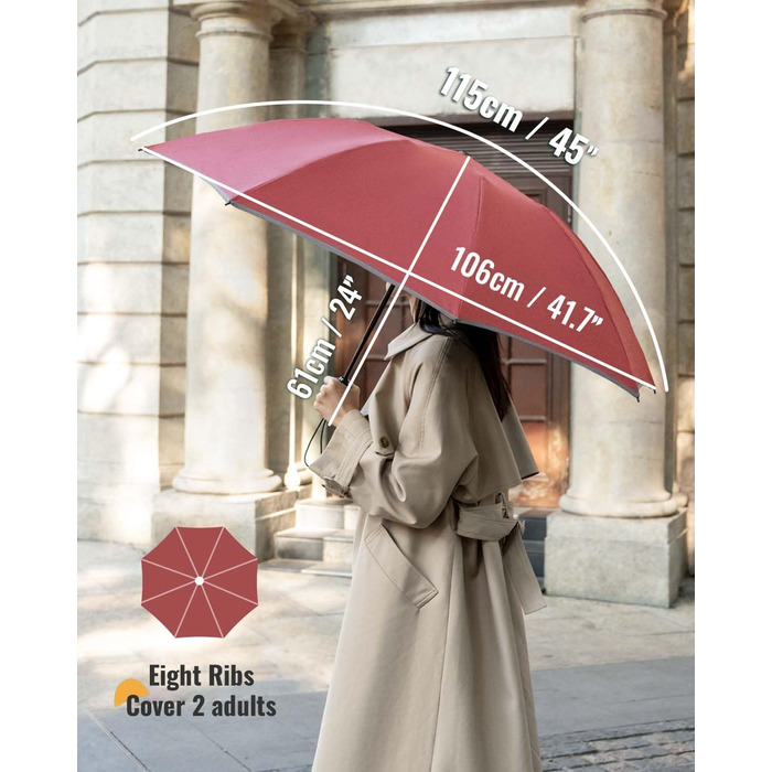 Чакіпі Парасолька велика, стійка до вітру, з відбиваючим покриттям для чоловіків та жінок – автоматичний парасолька-тростина, компактний, для подорожей, 210T покриття, промінь 106 см (Вишневий)