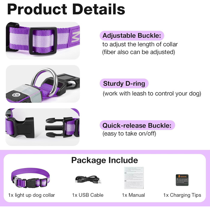 Світлодіодне нашийник для собак Leuchthalsband, водонепроникний, 7 кольорів, регульований, для малих та великих собак, блакитний (Lila, S)