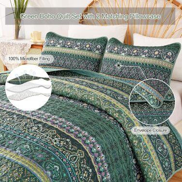 WONGS BEDDING Bedspread 220x240 Bed Throw Bohemian Quilt Steppdecke 3-Piece Double Bed Quilted Bedspread Microfiber Throw Blanket with 2 Pillowcases 50x70 for Bedroom as Sofa Throw (Bohemian) (200x220 cm, Dark Green)