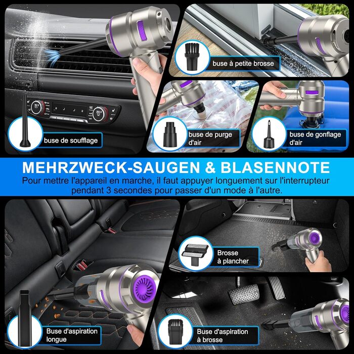 Акумуляторний портативний пилосос Handstaubsauger 18000Pa 4-в-1 для авто, дому, шерсті тварин, срібний