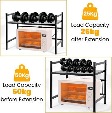 Регульована підставка для мікрохвильовки 2-ярусна, розширювана полиця для кухні з вуглецевої сталі з 8 гачками, органайзер для кухонних аксесуарів, стійка для мікрохвильовки та полиця для зберігання, кухонна полиця для випічки