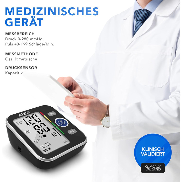 Тонометр на плече AIESI® Oberarm автоматичний цифровий професійний для дорослих A6, 120 пам'ять, мережевий адаптер та USB, гарантія 24 місяці