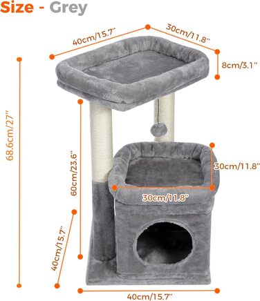 PAWZ Road Cat Tree, Multi-Level Cat Tower with Sisal-Covered Scratching Post, Cozy Cat Condo, and Large Cat Perch for House Cats (Gray)