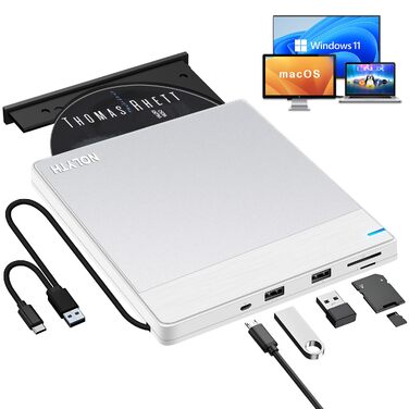 Зовнішній DVD-накопичувач для ноутбука Ultra Slim: портативний CD/DVD привід USB з картридером SD/TF для Mac, MacBook, Windows
