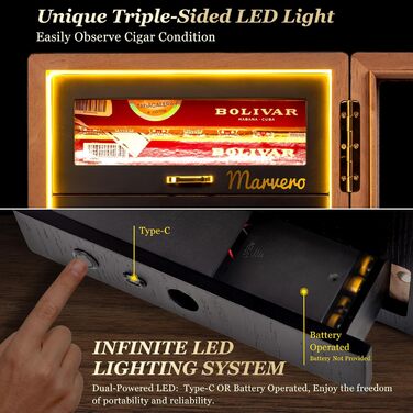 Гумодор для сигар, настільний з цифровим гігрометром, зволожувачем та пакетами для вологи. 4 висувні ящики з кедрової деревини, вміщує до 200 сигар (чорний)
