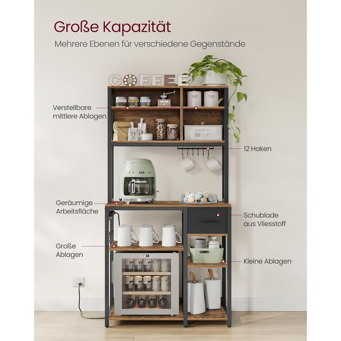 Стелаж кухонний VASAGLE з розетками, 40 x 100 x 180,4 см, з полицями, ящиком з тканини, 12 гачками, антрацитовий + чорний, KKS027B02