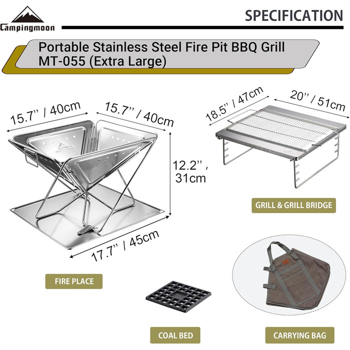CAMPINGMOON Portable Stainless Steel Wood Grill and Fire Pit 20 inches with Carry Bag MT-055