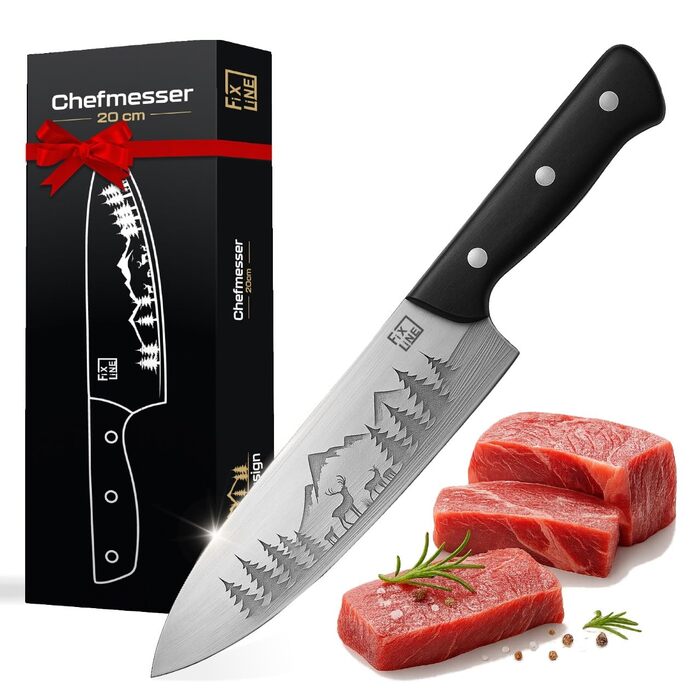 Ніж кухарський FIXLINE® Chefmesser 20 см BLACK FOREST Edition – професійний ніж для кухні, нержавіюча сталь, чорна дерев'яна ручка, подарункова упаковка