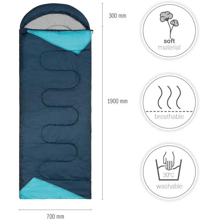 Paco Home Sleeping Bag - Washable, Breathable, Outdoor & Camping - Adult & Kids - Summer & Winter - Blue 220x70x6cm