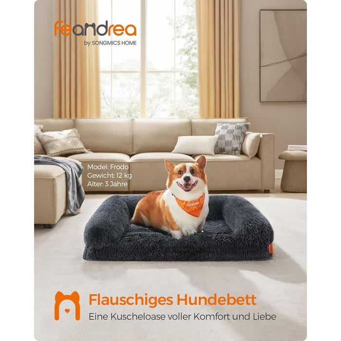 Ліжко для собак Feandrea FluffyHug, XXL, для великих собак, з м'яким наповнювачем, знімний та пральний чохол, 122 x 85 x 19 см, сірий Ombré PGW234G01V1