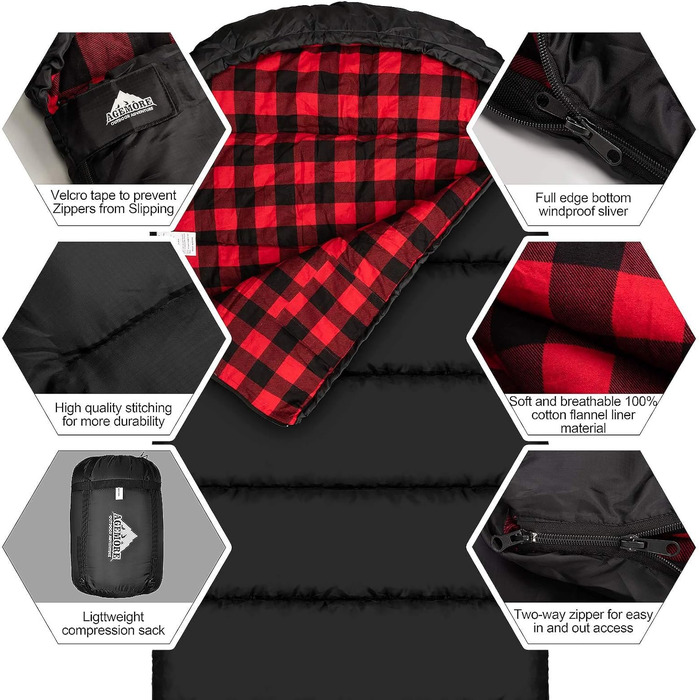 Спальний мішок Baumwoll-Flanell для дорослих: легкий, водостійкий, з 100% бавовняною підкладкою. Ідеальний для кемпінгу, подорожей, хати та відпочинку на природі. Чорний/Червоний