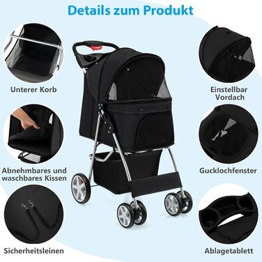 Візок для собак SOARS, до 15 кг, складаний, з сітчастими віконцями, тримачем для напоїв та кошиком для зберігання, для маленьких тварин (Чорний)