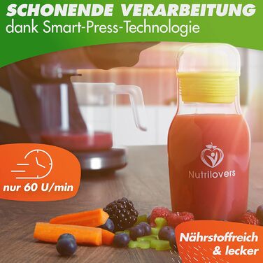 Nutrilovers Slow Juicer Extractor for Fruits and Vegetables - German Brand - Compact Stainless Steel Design, 100% BPA-Free, Easy Cleaning - Includes Recipe E-book + Nutri-App Black Berry (Black)