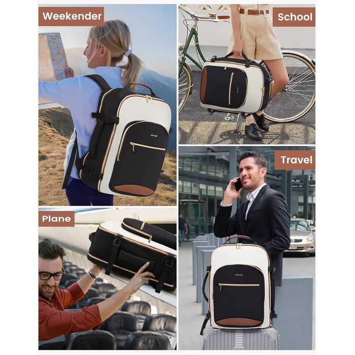 Рюкзак LOVEVOOK для ручної поклажі літака, 40L, водонепроникний, для ноутбука 17 дюймів, для подорожей, школи, роботи, кемпінгу (бежевий+чорний+коричневий)