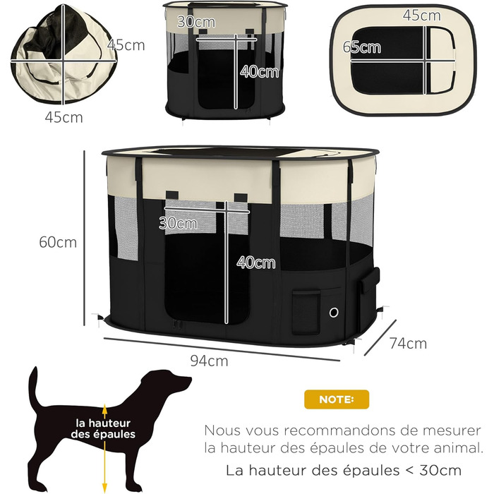PawHut: Фрейлауф для собак з Оксфордської тканини, 94x74x60 см, кремово-білий та чорний