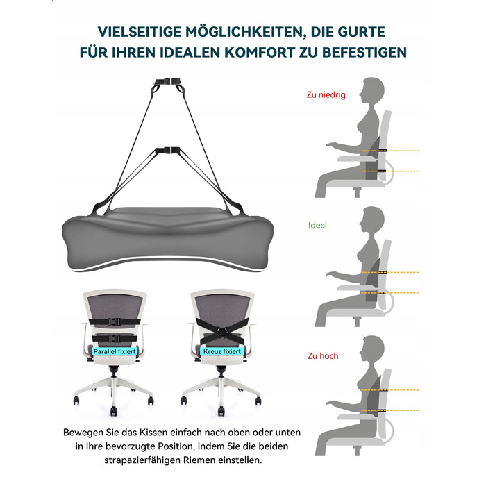 Ergonomічна подушка під поперек TRAVEL EASE з ефектом пам'яті, 40x43 см, сіра