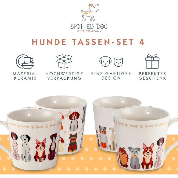 SPOTTED DOG GIFT COMPANY Coffee Mug with Dog Motif, Ceramic Mug Set, Cute Coffee Mugs, Dog Kitchen Accessories, Gifts for Dog Lovers, Dog Mom, 4 x 380ml