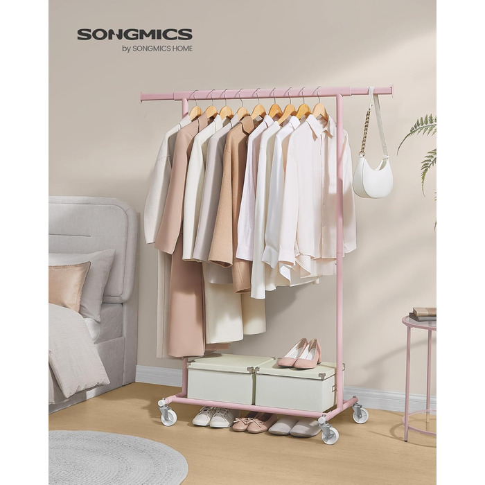 SONGMICS Стійка для одягу на коліщатках, важка, висувна штанга, до 100 кг, рожева HSR013R01, 92-132 см