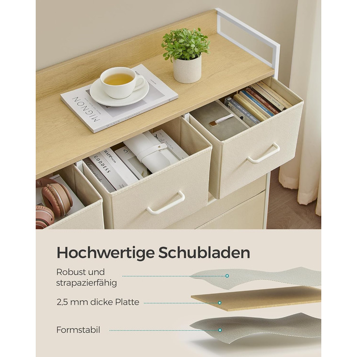 SONGMICS Chest of Drawers, Cabinet, 7 Fabric Drawers with Handles, Metal Frame, Industrial Design, Vintage Brown-Ink Black LTS137B01 (Cream White + Cloud White, 28.5W x 98D x 85H cm)