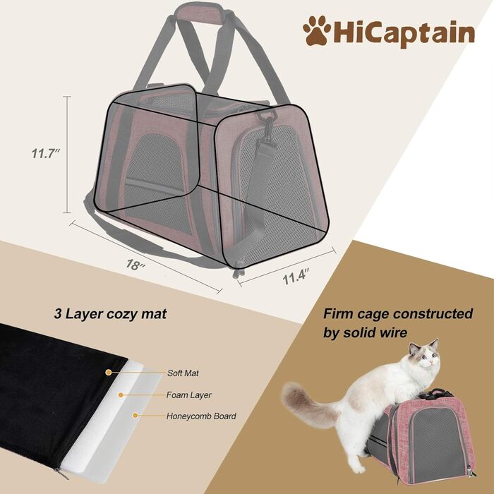 Транспортна сумка для котів HiCaptain, складана, з плечовим ременем, м'яко стьобана, переноска для собак та кошенят до 7 кг (рожевий/червоний), 46 x 29 x 30 см