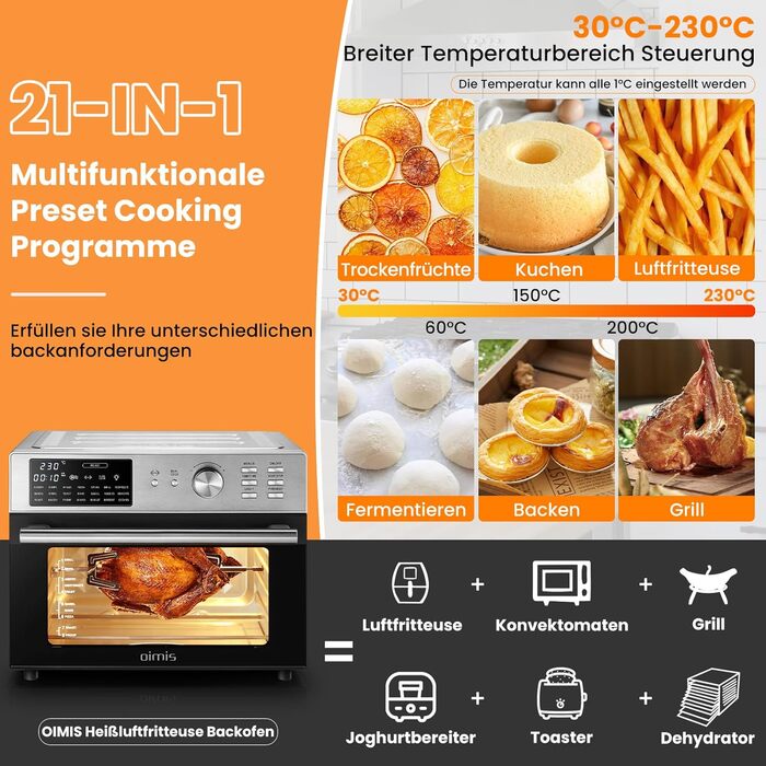 OIMIS Аерофритюрниця-духовка 30 л, 1800 Вт, 21 програма, мультифункціональна аерофритюрниця з попереднім нагрівом, Dual Cook, таймером, 7 аксесуарами, рецепти, нержавіюча сталь