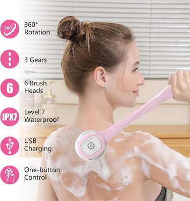 Electric Duschbürste (Shower Brush), Electric Back Brush with Long Handle, Back Brush Shower Massage Brush with 6 Cleaning Heads, Bath Brush for Spa Shower Peeling Massage Brush (Pink)