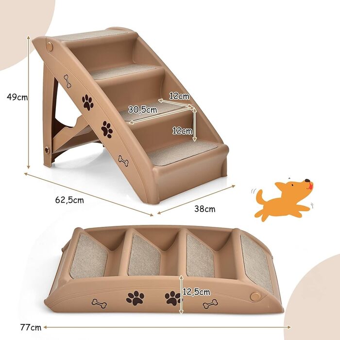 Сходинки для домашніх тварин GYMAX з 4 сходинками, складана драбинка для собак і котів з пластику, з антиковзкими накладками, 4 килимками та трикутною структурою, допомога у підйомі для котів та собак (колір: кава)