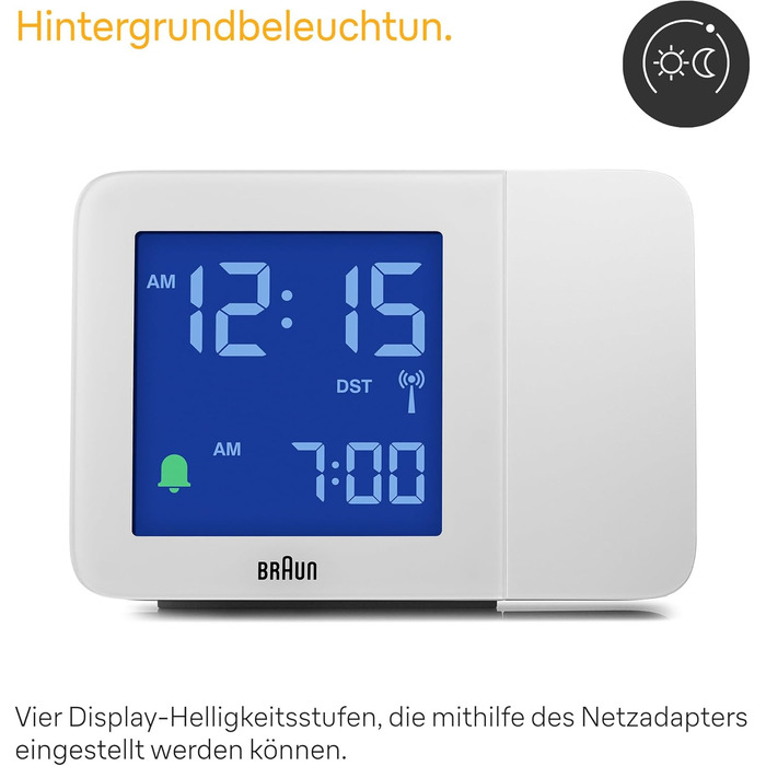 Braun Digital Radio Projection Clock for Central European Time Zone (DCF) with Negative LCD Display, Quick Set and White Alarm Beep, BC15W-DCF.