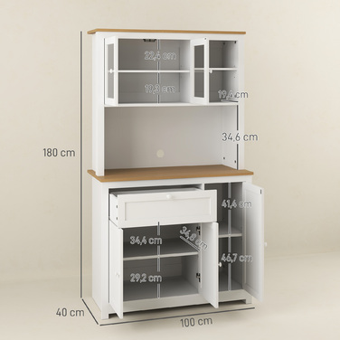 HOMCOM Farmhouse-Style Kitchen Cabinet with 1 Vitrine (Glass-Front Cabinet), 1 Open Shelf, 1 Drawer, and 2 Cabinets, Natural + White