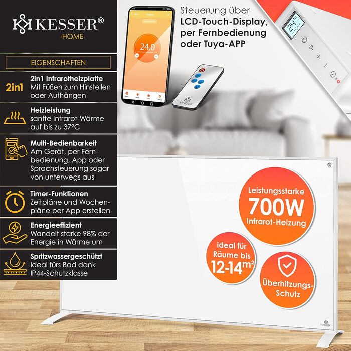 Інфрачервоний обігрівач KESSER 700 Вт, енергоощадний, електричний, з термостатом, пультом ДУ та керуванням через додаток, для підлоги й стіни, білий