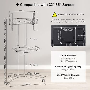 Підставка для телевізора BONTEC на колесах, регульована по висоті, для LCD, LED, OLED, Plasma, Flat & Curved телевізорів 32-85 дюймів, до 60 кг, VESA 600x400 мм (біла)