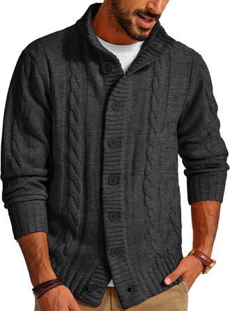 Чоловічий кардиган PJ PAUL JONES з в'язаним візерунком, на кнопках, з ребристою стійкою комірцем для осені/зими (XL, чорно-сірий)