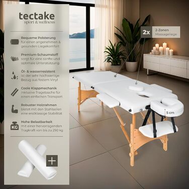Масажне ліжко Tectake® складне з 2 зонами, портативне з 5 см підкладкою, регульоване по висоті, мобільне, з дерев'яними ніжками та аксесуарами (сумка для перенесення, ролики для масажу, білий)