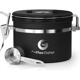 Контейнер для кави Coffee Gator з нержавіючої сталі, герметичний, з датчиком дати, CO2-вентилем, ложкою, для кавових зерен, меленої кави, горіхів, чаю, цукру (Чорний)