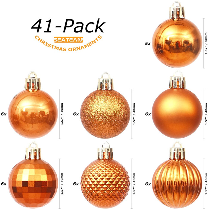 41 штука прикрас для ялинки Sea Team з міцного пластику з ниткою, середні (60 мм, 40 мм), помаранчевий колір