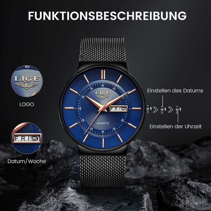 Годинник чоловічий LIGE з датою, водонепроникний, з нержавіючої сталі, вінтажний стиль, кварцовий механізм, чорний колір, з ремінком з нержавіючої сталі, класичний дизайн, для бізнесу, подарунок для чоловіків, блакитний/чорний колір