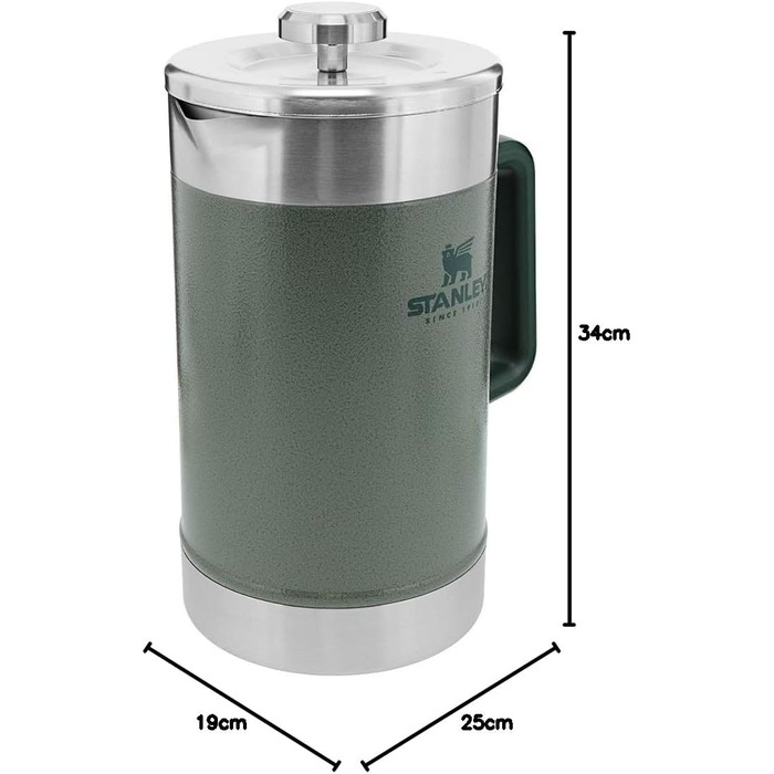 Stanley Classic Stay Hot French Press 1.4L Hammertone Green - Keeps drinks hot for 4 hours - Minimal sediment - Integrated stainless steel coffee press - BPA-free - Dishwasher safe