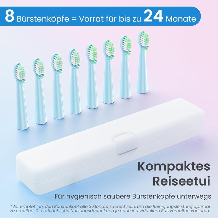 Електрична зубна щітка YUNCHI C2 з 40000 VPM, звукова, для дорослих та дітей, USB-C зарядка, 30 днів роботи, 5 режимів, 8 насадок, рожева/блакитна