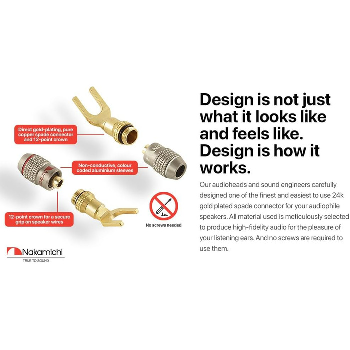 Позолочений Y-подібний роз'єм Nakamichi FanLock Excel-Serie для акустичних кабелів 10-18 AWG, 4мм, для Hi-Fi стерео та домашнього кінотеатру, 4 шт (2 пари)